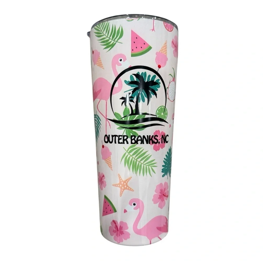 Stainless Steel Tropical Flamingo Tumbler with Outer Banks Logo
